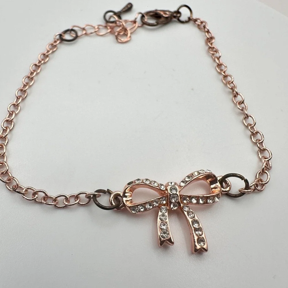 Vintage‎ 90s Rose Gold Tone Bow Rhinestone Bracelet Women's Classic Jewelry